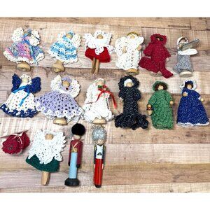 Set Of 16 Handcrafted Wooden Clothes Pin Crochet Christmas Angel Ornaments